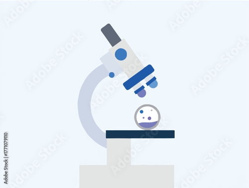 Microscope and Sample Analysis: A detailed illustration of a laboratory microscope poised above a petri dish containing a sample, ready for analysis and scientific discovery.