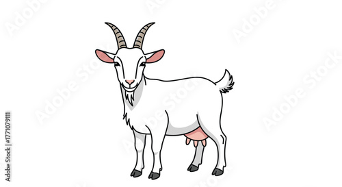 A white cartoon goat with horns and udders stands facing forward on a white background.
