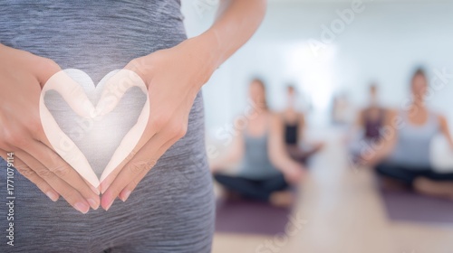 Pelvic floor rehabilitation and treatment,The background is a yoga room, and there is a close-up of the same woman making a heart gesture with her hand in front of her pelvic floor muscles .