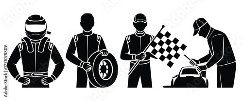 Race car crew performing pit stop, teamwork in motorsport, fast-paced tire change and refueling, professional racing team in action, formula one pit lane, high-speed racing concept