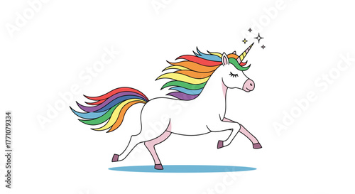 A white unicorn with a rainbow mane and tail gallops gracefully with stars above its horn.
