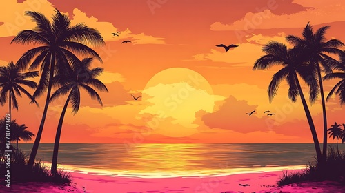 Warm Beach Sunset With Palm Trees, Birds Flying Over the Calm Ocean and Golden Sunlight
