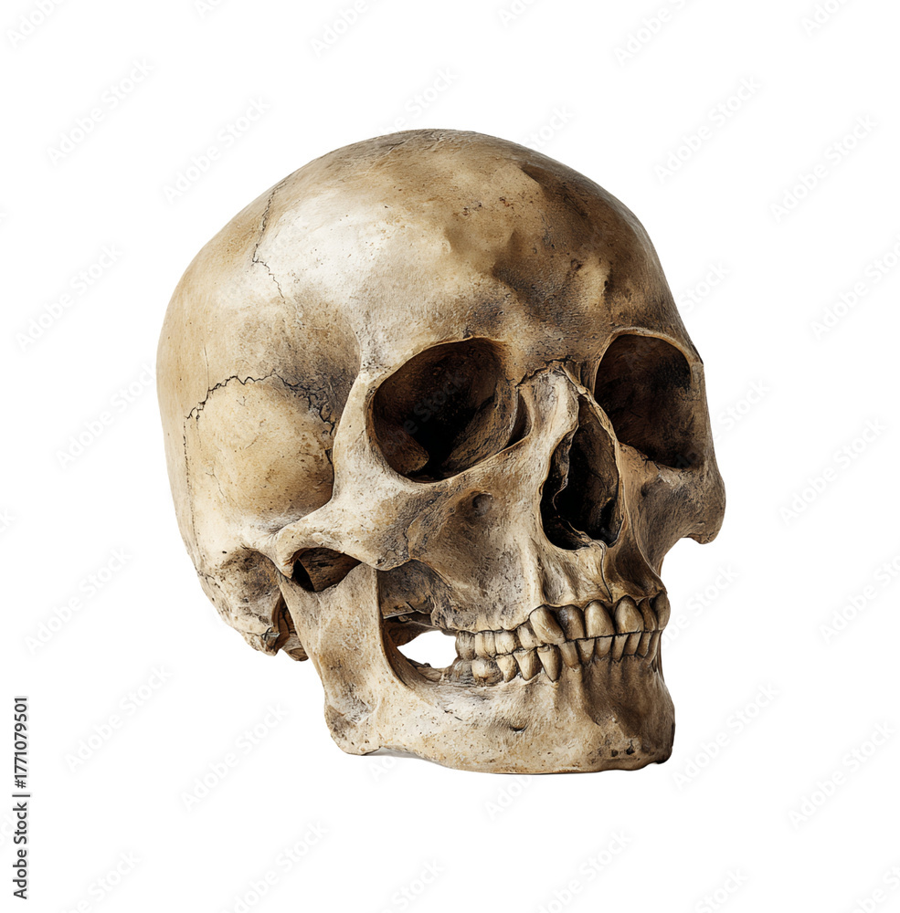 Obraz premium Detailed Anatomical Skull with Natural Bone Texture and Transparent Background Under Soft Studio Lighting, PNG