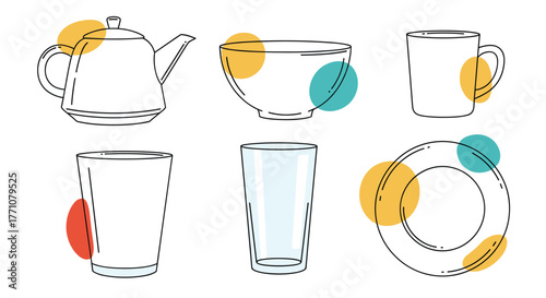 Simple line drawings of various tableware items including a teapot, bowl, mug, and glasses with abstract colored dots.