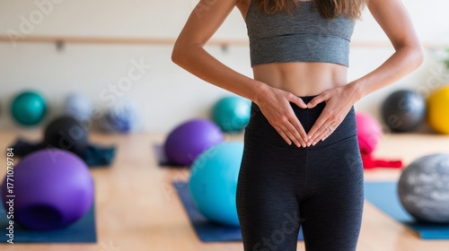 Pelvic floor rehabilitation and treatment,The background is a yoga room, and there is a close-up of the same woman making a heart gesture with her hand in front of her pelvic floor muscles .