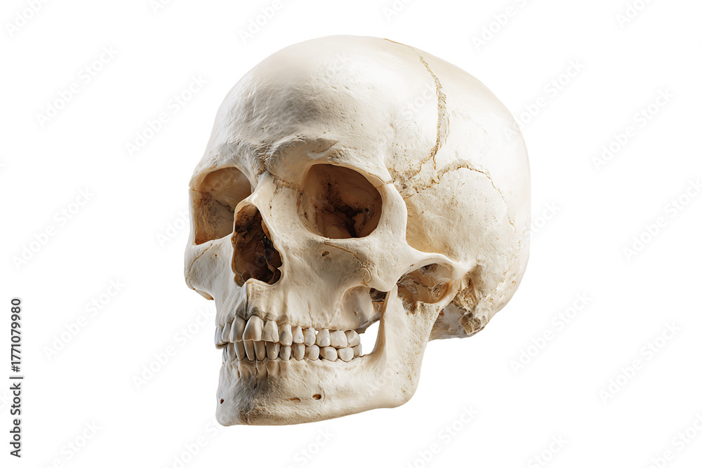 Naklejka premium Detailed Human Skull Anatomy Bone Structure in Cream Color on Transparent Backdrop Medical Forensic Science or Halloween Theme Still Life, PNG