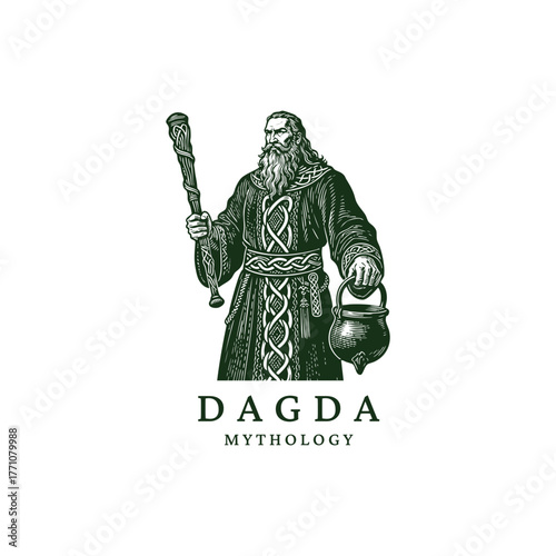 vector illustration of the Celtic deity, Dagda, the "Good God," depicted in a vintage engraving style. He is holding his massive club (lorg mór) and the magical cauldron of abundance