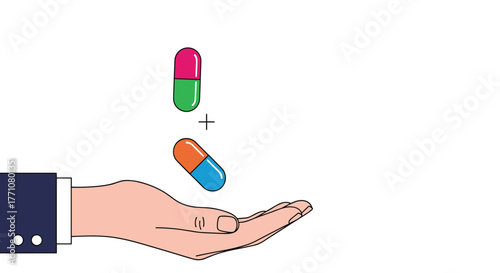 A hand in a suit jacket catches falling medical capsules, one pink and green, the other orange and blue.