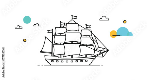 Outline illustration of a sailing ship with full sails on a white background with clouds and sun symbols.