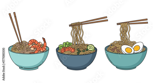 Three bowls of ramen noodles with different toppings, served with chopsticks.