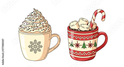 Two festive mugs filled with hot drinks and holiday decorations.