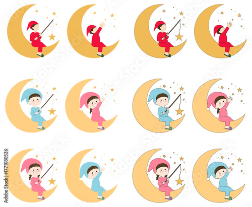 달에 앉아 별 따기를 하는 소년과 소녀