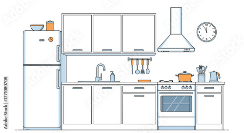 Clean line drawing of a modern kitchen interior with appliances and cookware.