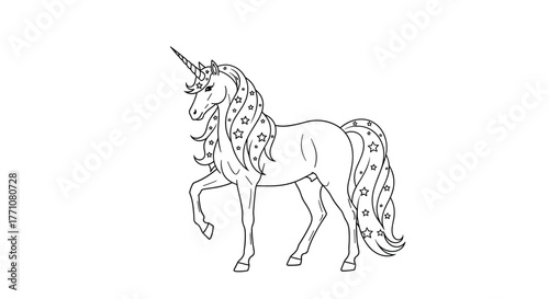 Outline illustration of a majestic unicorn with a flowing mane and tail adorned with stars, standing on a white background.
