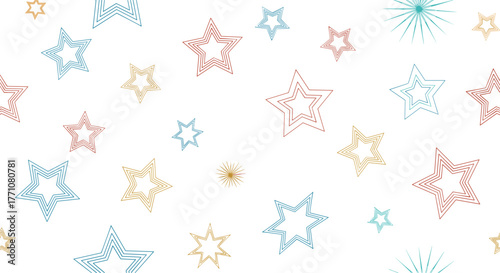 Seamless pattern of colorful outlined stars scattered across a white background.