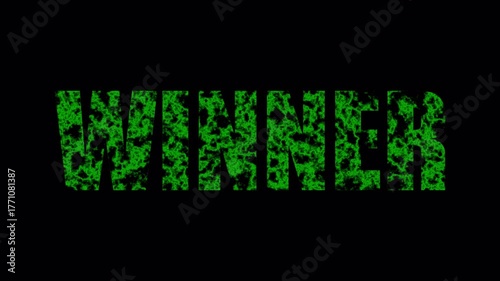 Green textured winner text against a black background symbolizing victory and achievement.