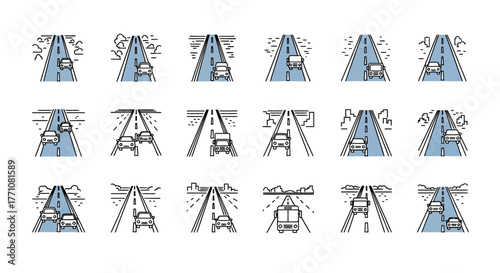 A collection of line art icons illustrating various driving scenarios, traffic situations, and road conditions.