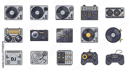 Collection of various DJ equipment icons, including turntables, mixers, and controllers.