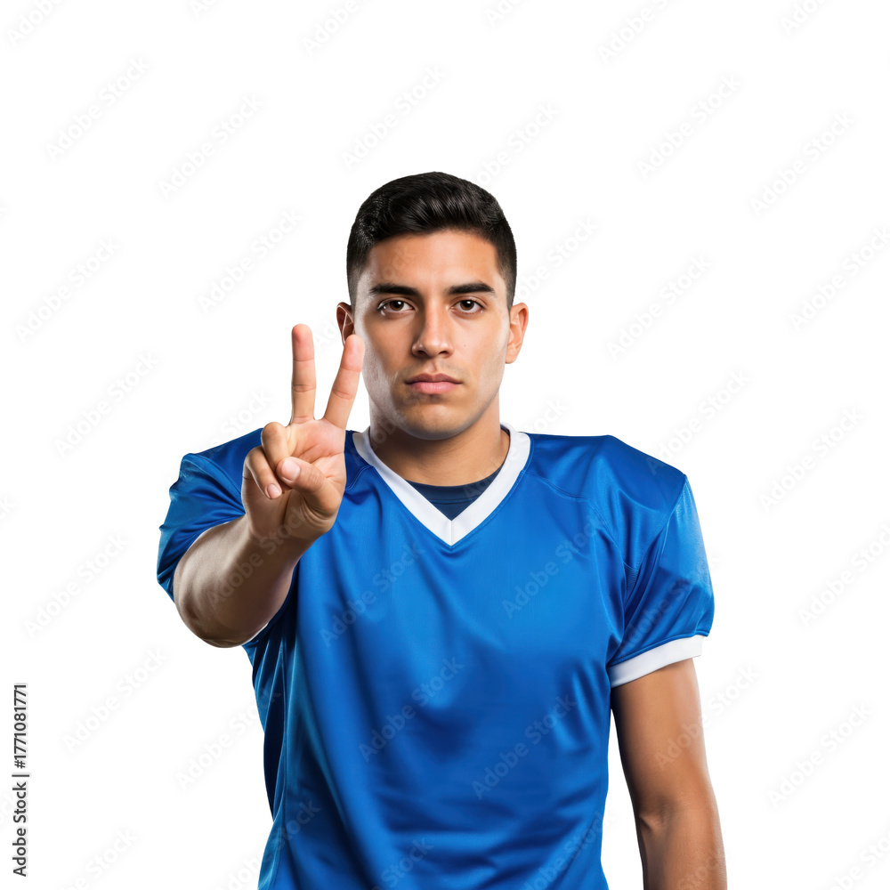 Fototapeta premium Serious young Hispanic man in a blue sports jersey making a peace sign or showing the number two with his fingers against a transparent background.