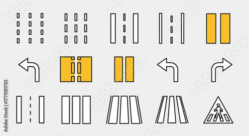 Collection of road marking symbols and signs, including lane dividers, crosswalks, turn arrows, and pedestrian crossing warning.