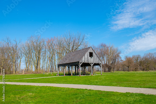 River Raisin National Battlefield Park is the site of Battle of Frenchtown in War of 1812 in city of Monroe in Monroe County, Michigan MI, USA. 