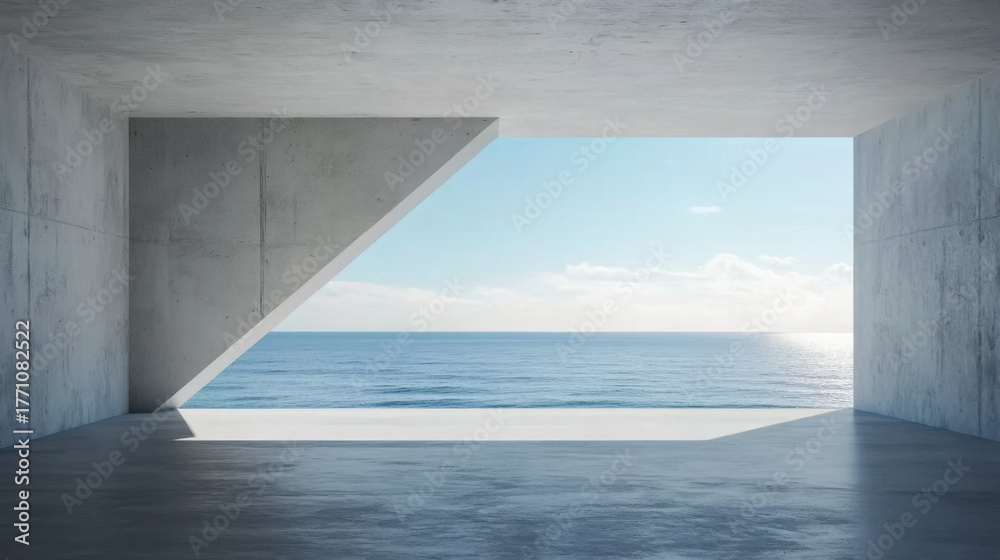 Fototapeta premium Abstract empty, modern concrete room with light diagonal wall opening with ocean view on the back wall