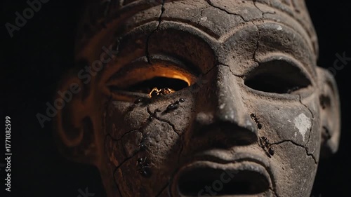 Ancient Cracked Mask Close-Up with Ants Crawling on Surface and Entering Eye Socket