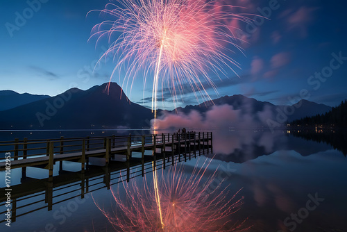 Spectacular fireworks display over a calm lake at dusk with mountain backdrop