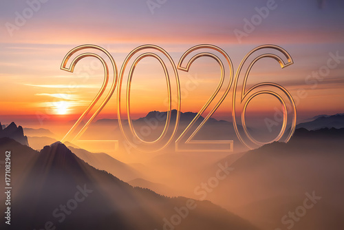 New year 2026 sunrise over misty mountains with glowing numbers