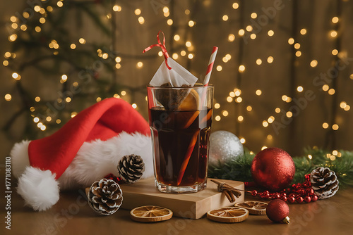 Festive christmas drink with santa hat and holiday decorations