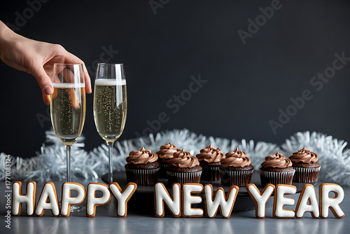 Happy new year celebration with champagne and cupcakes