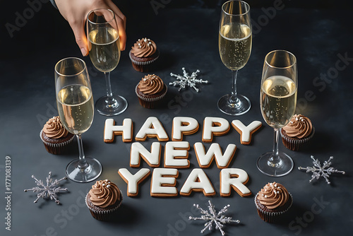 Happy new year celebration with champagne and chocolates