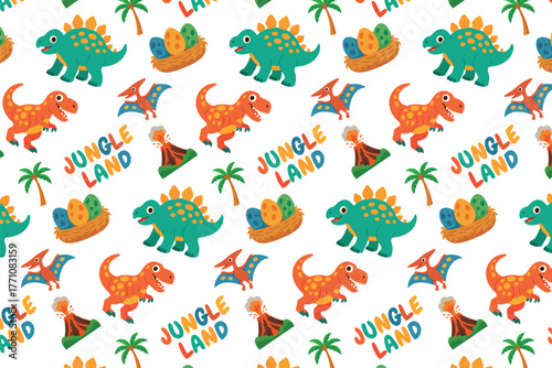 Cute dinosaur seamless pattern vector. "Jungle Land" cartoon background with T-Rex, volcano, and palm tree for kids' fabric print