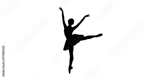 Silhouette of a ballerina in a tutu performing an arabesque ballet pose with arms raised elegantly high