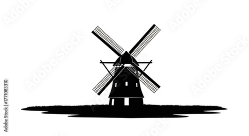 Silhouette of a traditional windmill with four blades standing on a grassy landscape scene art