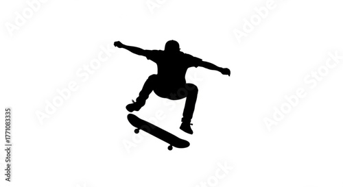 Silhouette of a skateboarder performing a jump trick with arms extended for balance on a white background