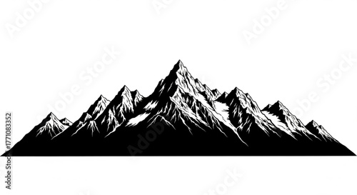 Black and white mountain range silhouette with jagged peaks and snow capped ridges in a panoramic view