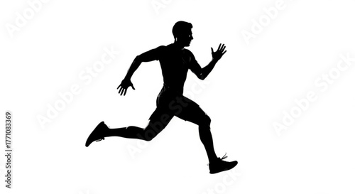Silhouette of a man running at full speed with his arms raised and legs extended in a white background
