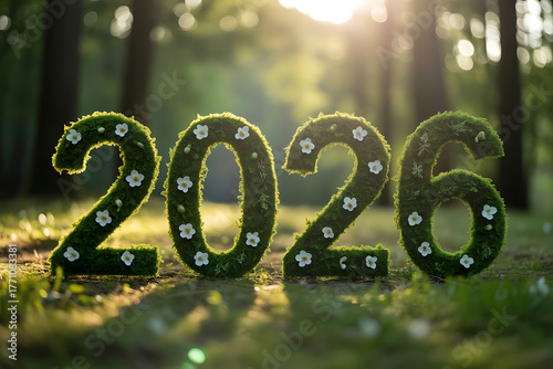 Green moss numbers 2026 decorated with flowers in a sunlit forest