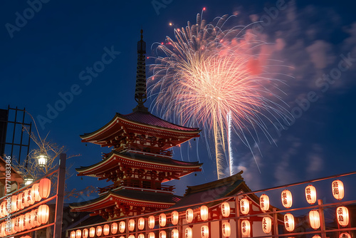 Japanese pagoda illuminated by lanterns with fireworks display at night