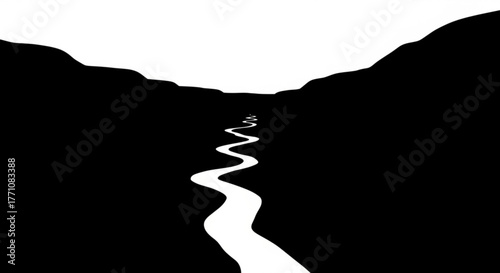 A black and white landscape featuring a winding river between dark mountains under a bright sky view