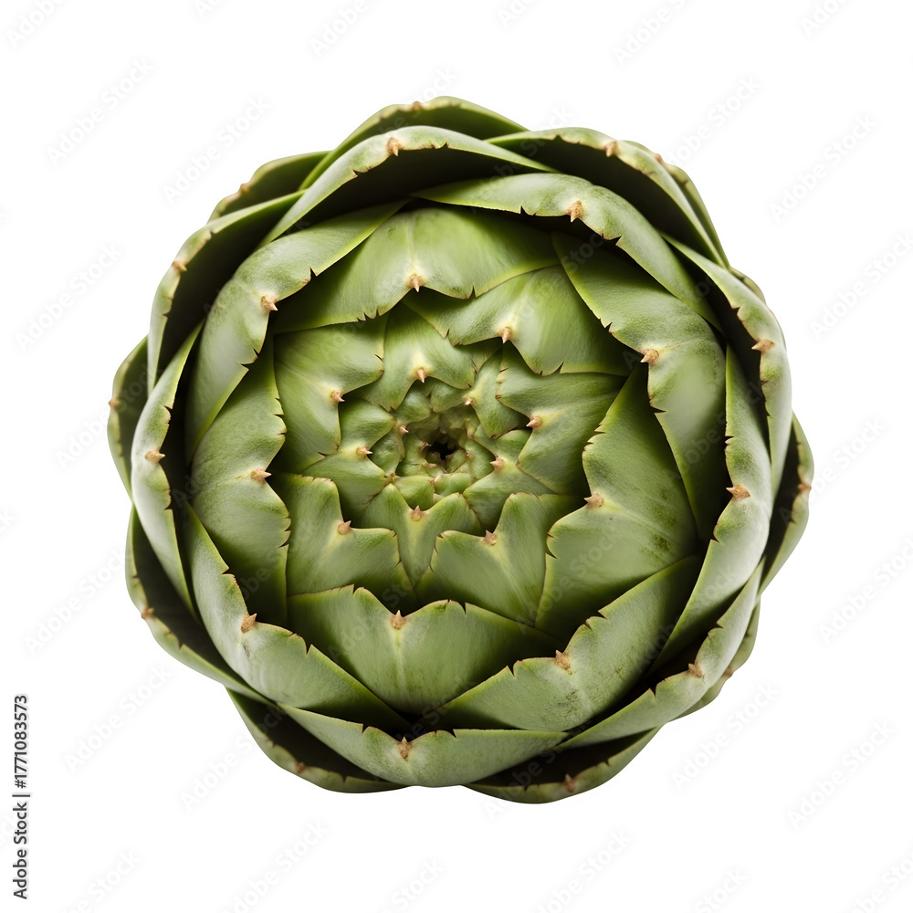 Fototapeta premium green artichoke edible bud, delicious vegetable, healthy raw food item, studio shot, isolated on white or transparent background. PNG