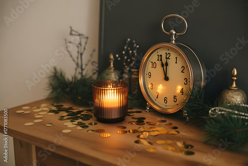 Vintage clock and glowing lantern on a wooden surface with festive decorations