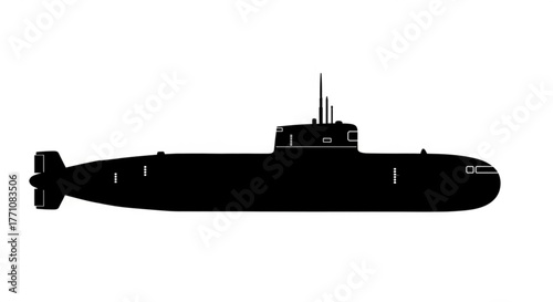 Silhouette of a submarine featuring its hull, conning tower, and propeller in a stark black design
