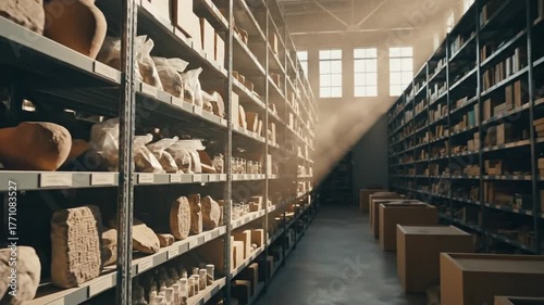 Archaeological Archive: Shelves of Artifacts and Pottery in a Dust-Filled Storage Room