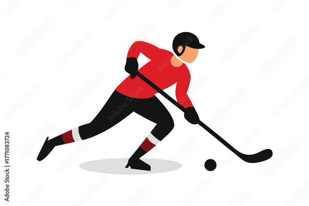 Fototapeta premium Ice hockey player in red uniform skating with puck sport