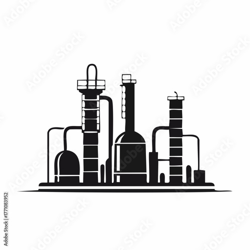 Stylized black vector silhouette of a refinery with tanks and chimneys, elegant smooth lines, clean white background, editable vector for minimalist 