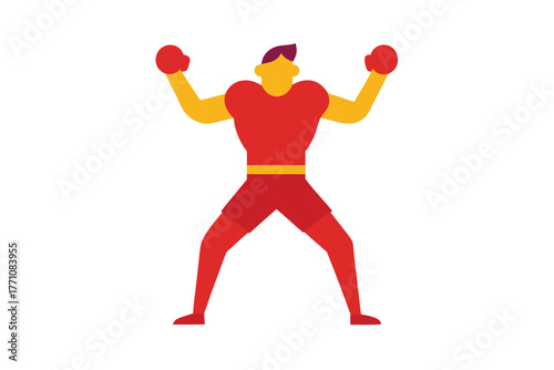 A victorious boxer raising his arms, celebrating his achievement