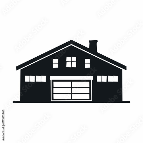 Stylized black vector silhouette of a warehouse factory building with simple roof lines and vents, clean curves, white background, editable for logo
