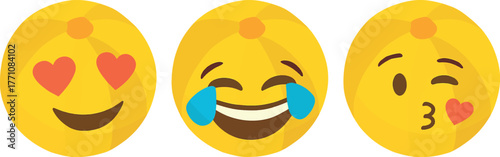 Three yellow emoji icons expressing love laughter and a kiss on a white background symbolising digital communication